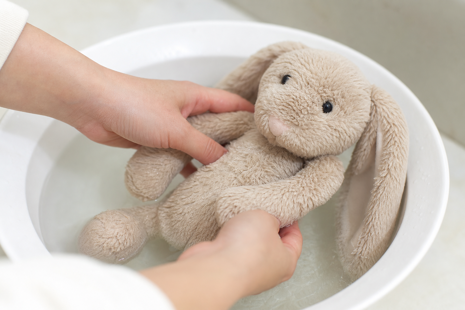 Ein Kuscheltier wird in einer Schüssel mit Wasser vorsichtig gereinigt