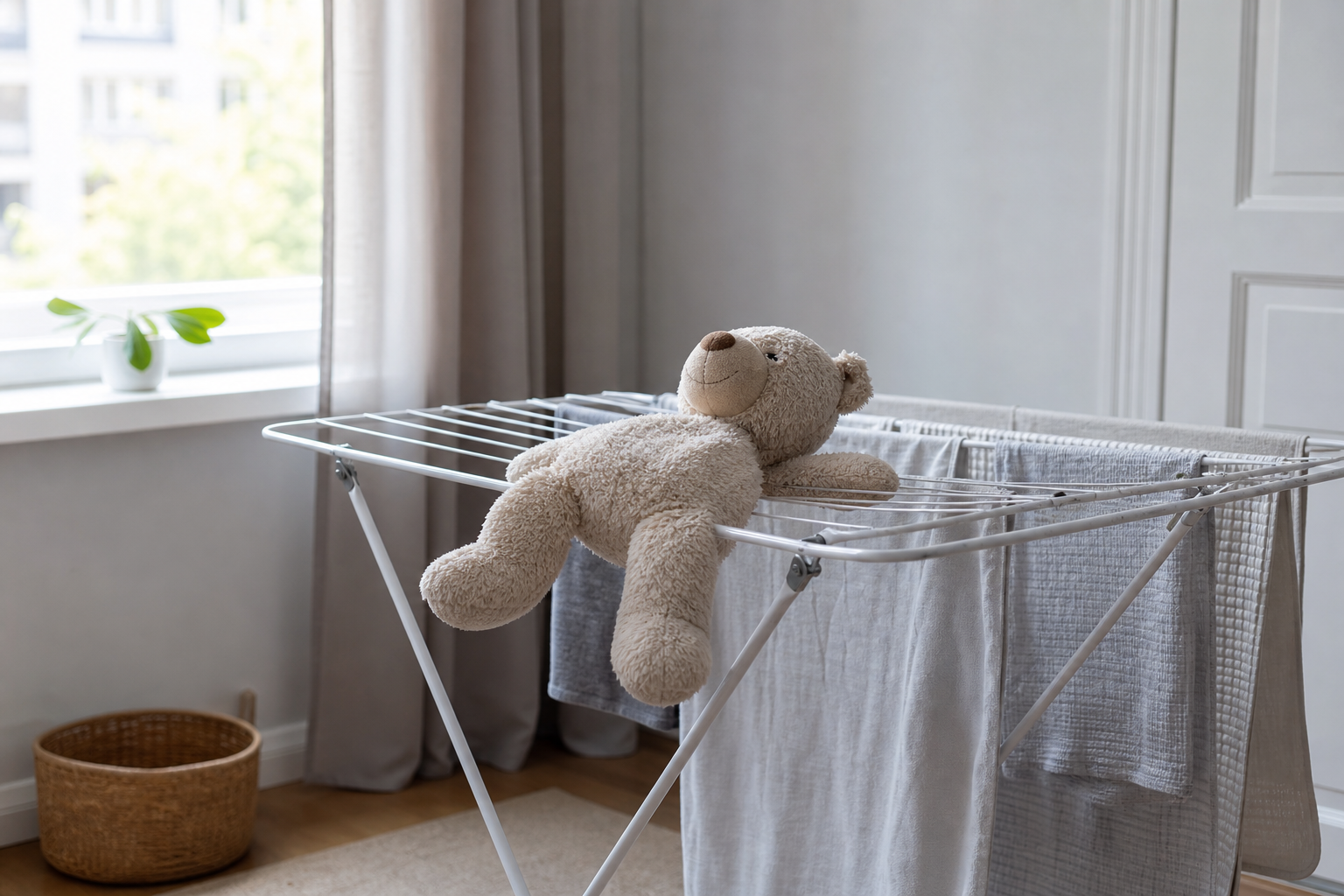 Ein Kuscheltier liegt zum Trocknen auf einem Wäscheständer
