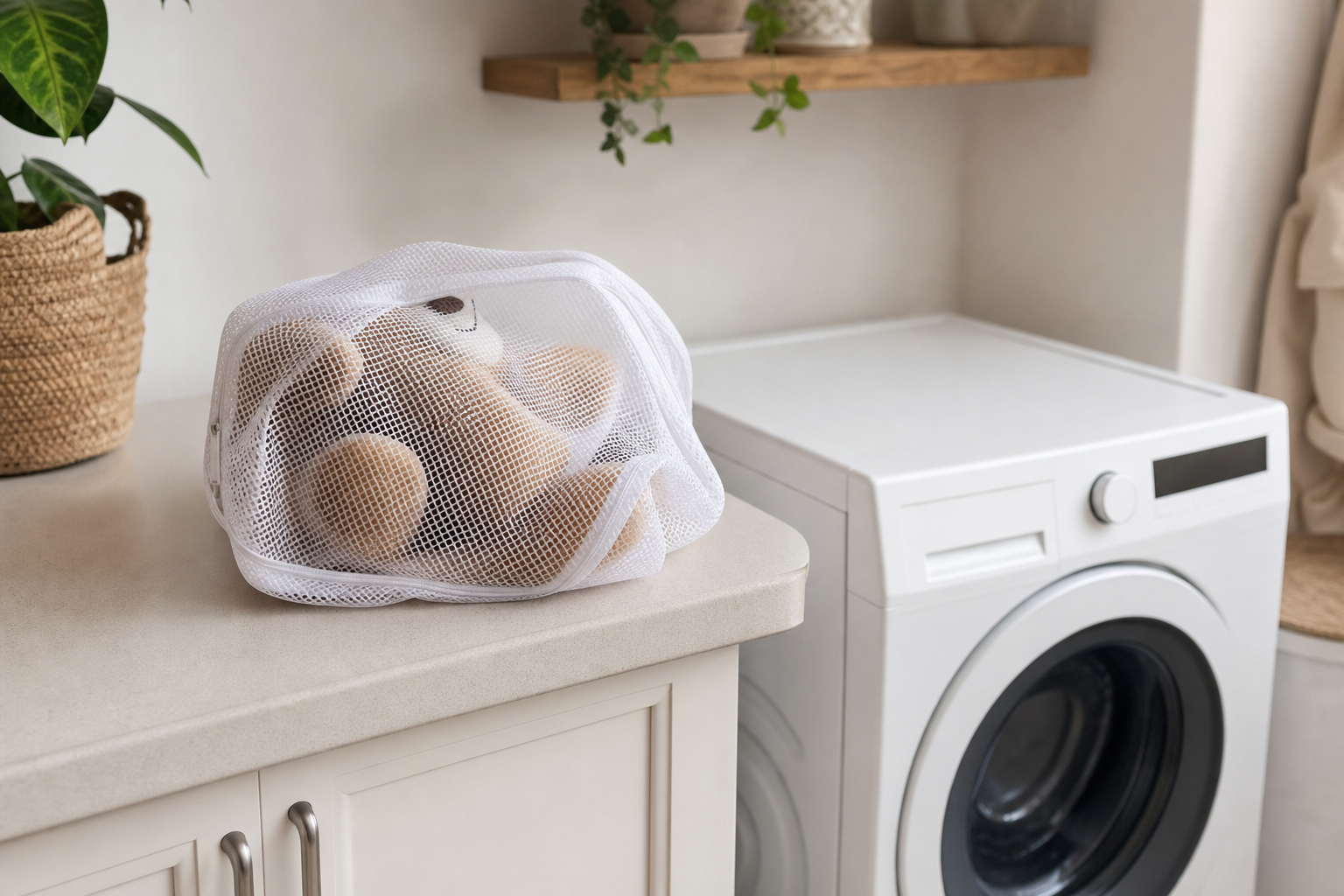 Ein Kuscheltier liegt in einem Wäschenetz vor einer Waschmaschine