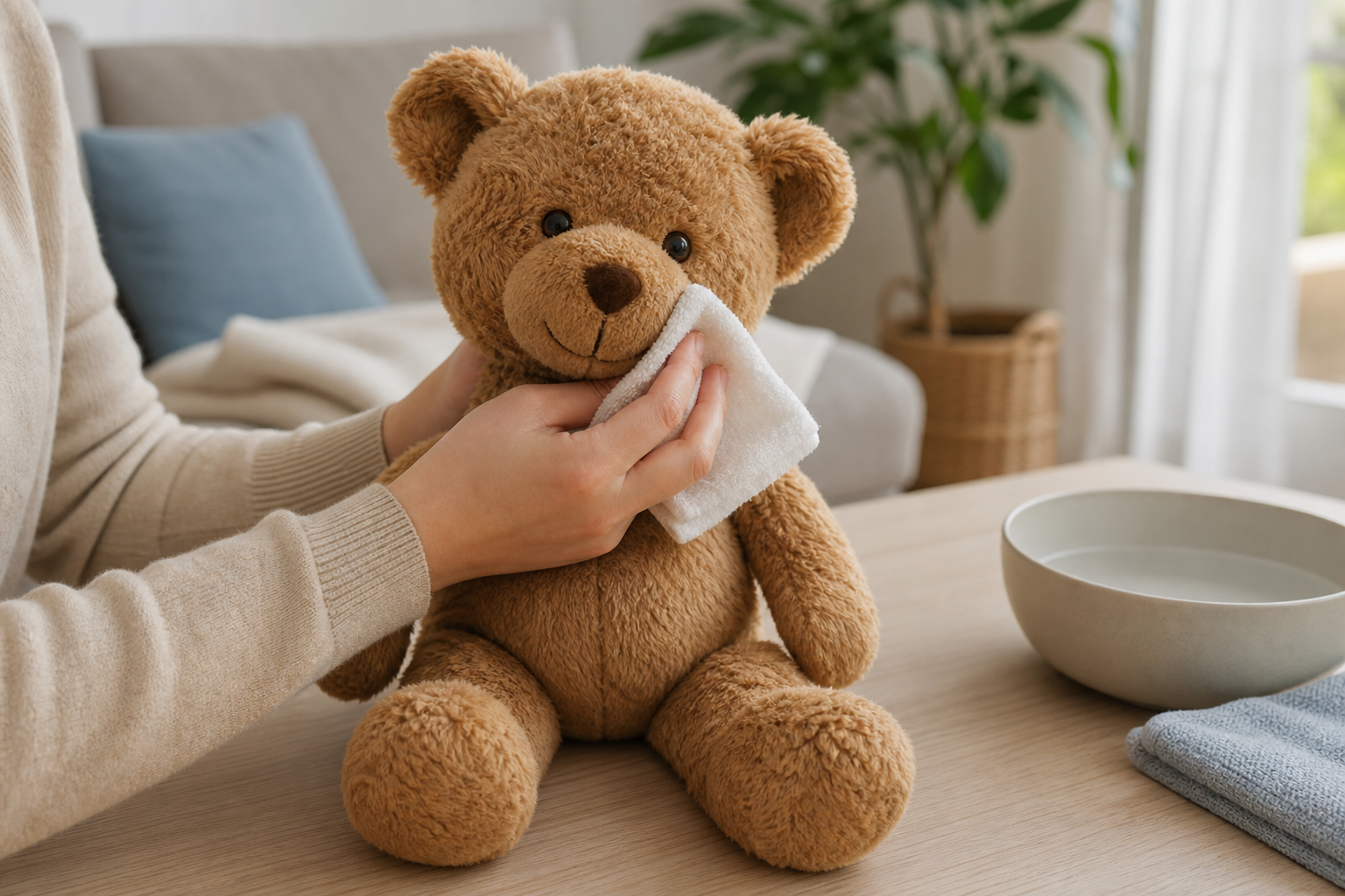 Ein Kuscheltier wird mit einem weichen Tuch vorsichtig abgewischt